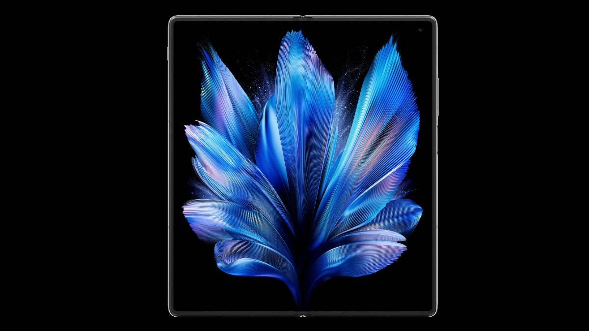 Foldable smartphone with abstract blue flower wallpaper