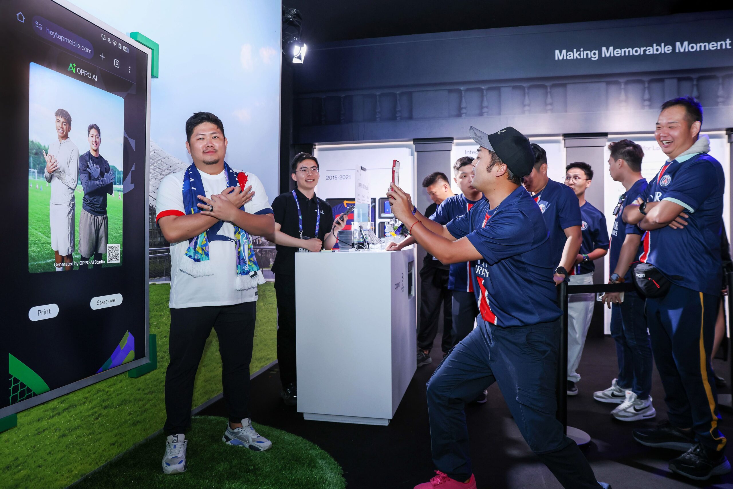 Visitors interacting with OPPO smartphones and AI camera technologies at event